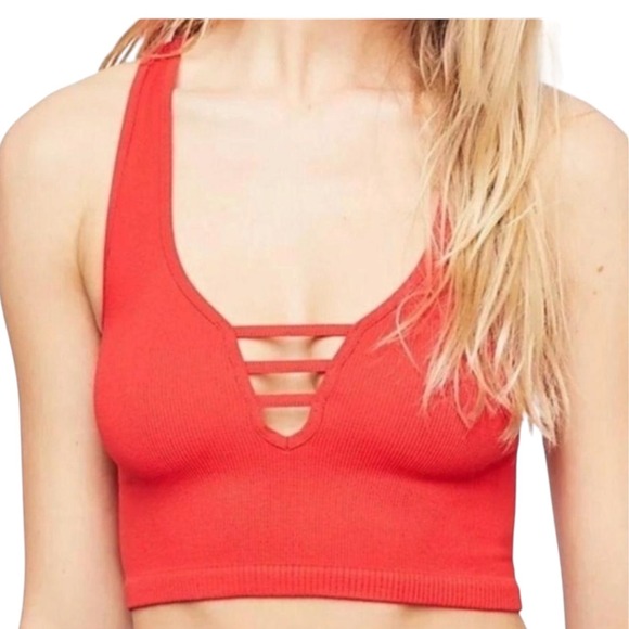 Free People Tops - Free People Intimately Neon Pink Ribbed Strappy V-Neck Crop Top OB932821 M/L NEW